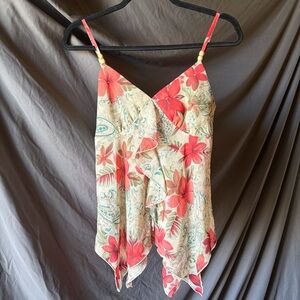 ALLY B Women’s Tank Tropical Sheer Flowy Wood Bead Detail Floral Boho Y2K MED